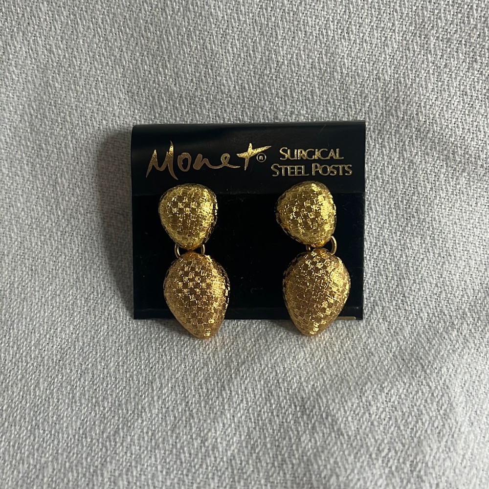 Monet Gold Tone Cross Hatched Articulated Earrings